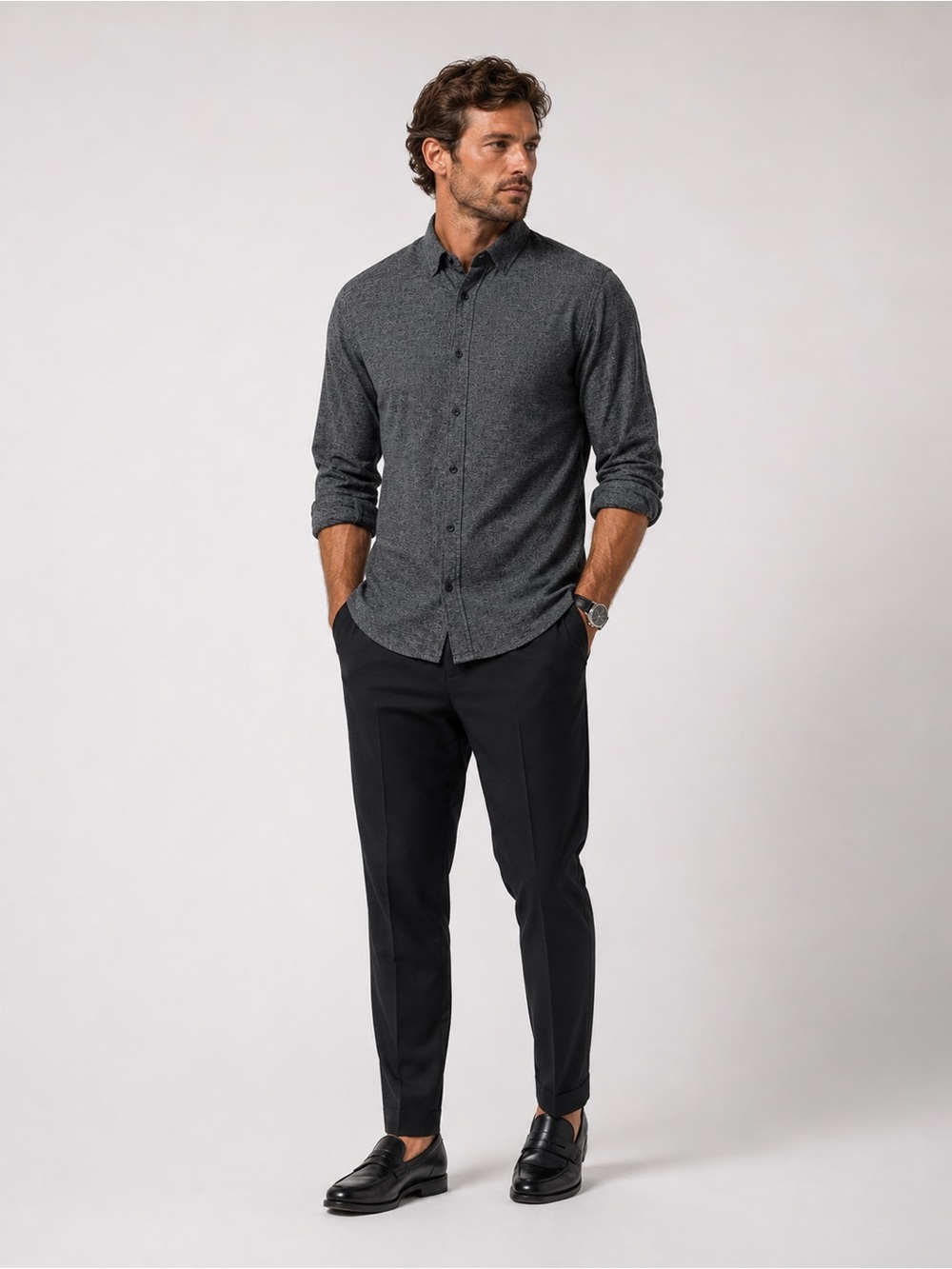 Club Monaco Slim Fit Men’s Gray Knit Button-Up Long Sleeve Shirt Size XL